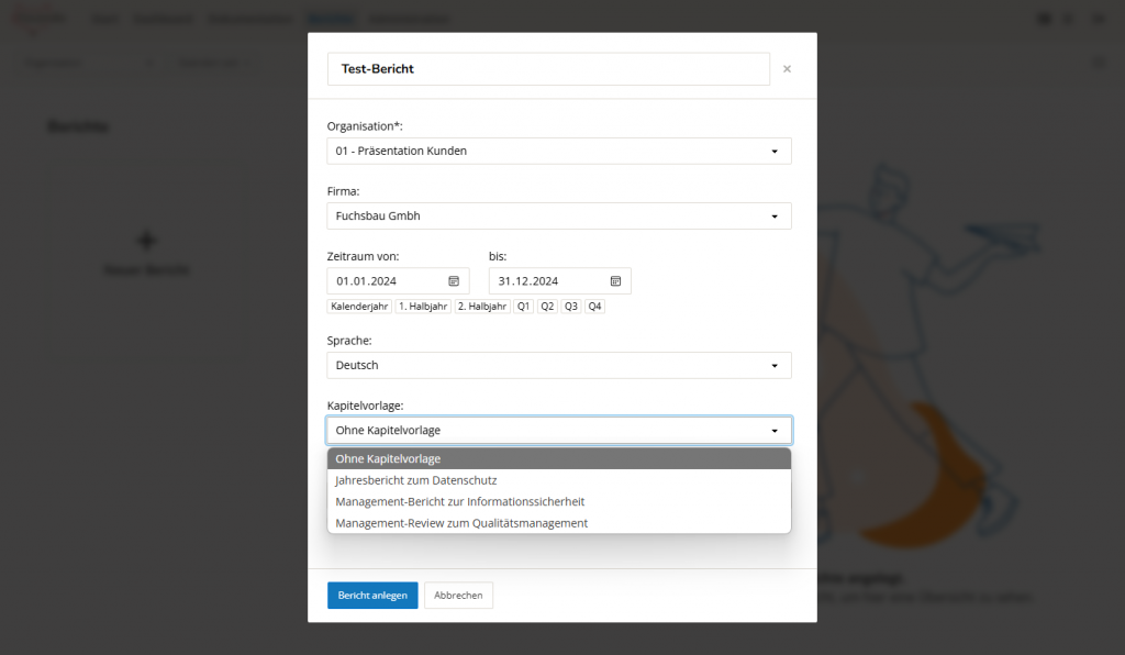 Screenshot Berichtsbereich - neuer Vorgang
