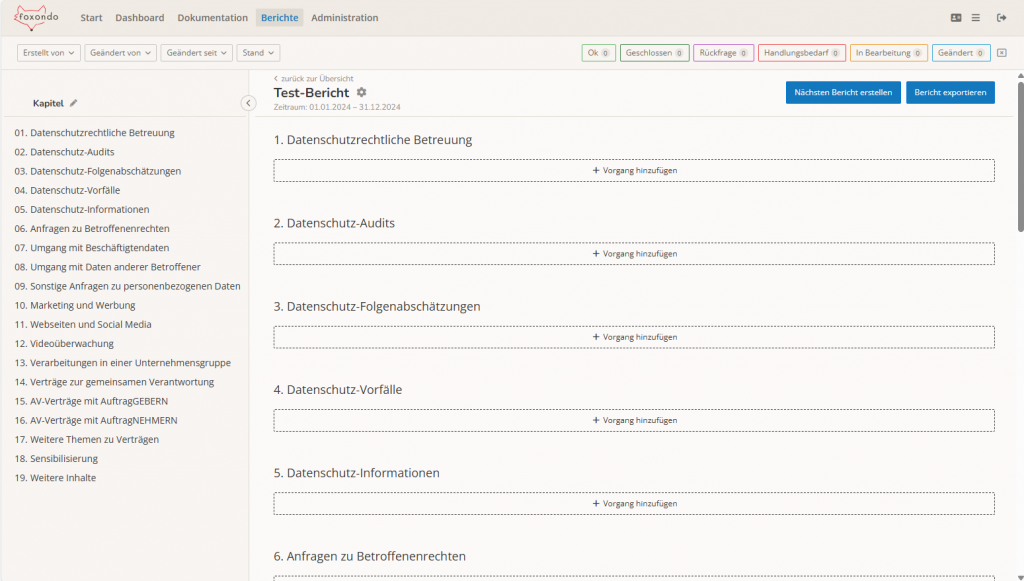 Screenshot Berichtsbereich - Bearbeitungsansicht