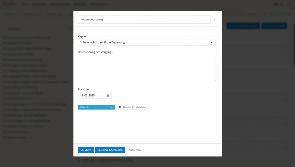Screenshot Berichtsbereich - neuen Vorgang anlegen