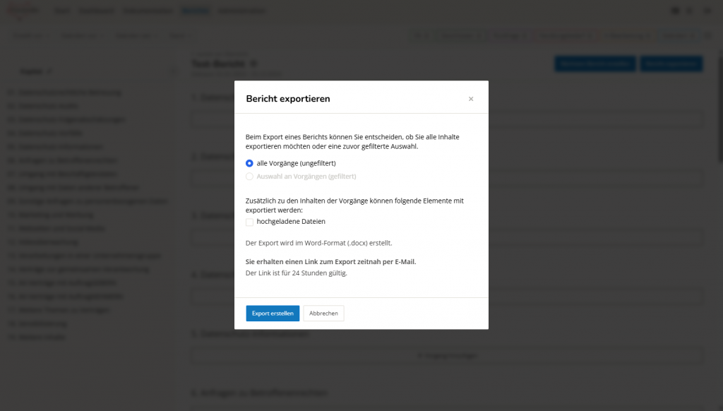 Screenshot Berichtsbereich - Bericht exportieren