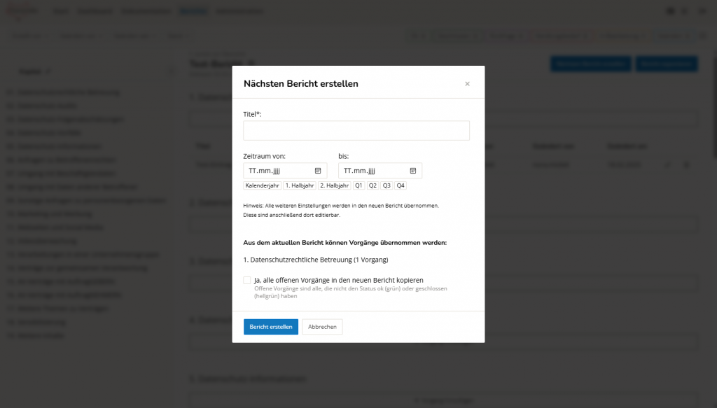 Screenshot Berichtsbereich - nächsten Bericht erstellen