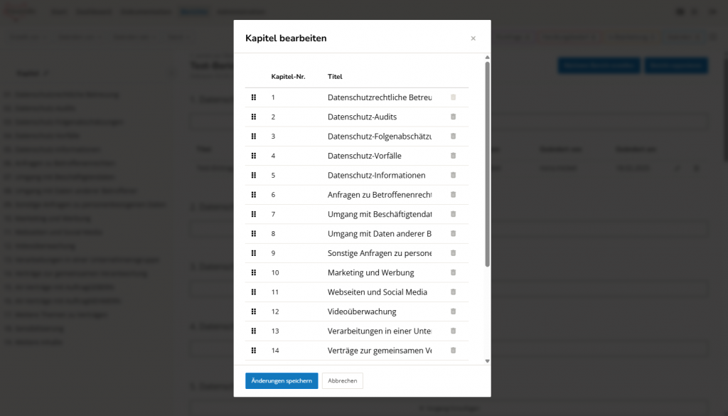 Screenshot Berichtsbereich - Kapitelstruktur bearbeiten