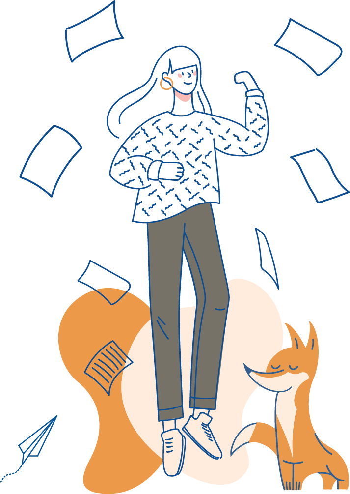 Frau in Power-Pose und herumwirbelnden Papier - foxondo hilft beim Dokumentieren