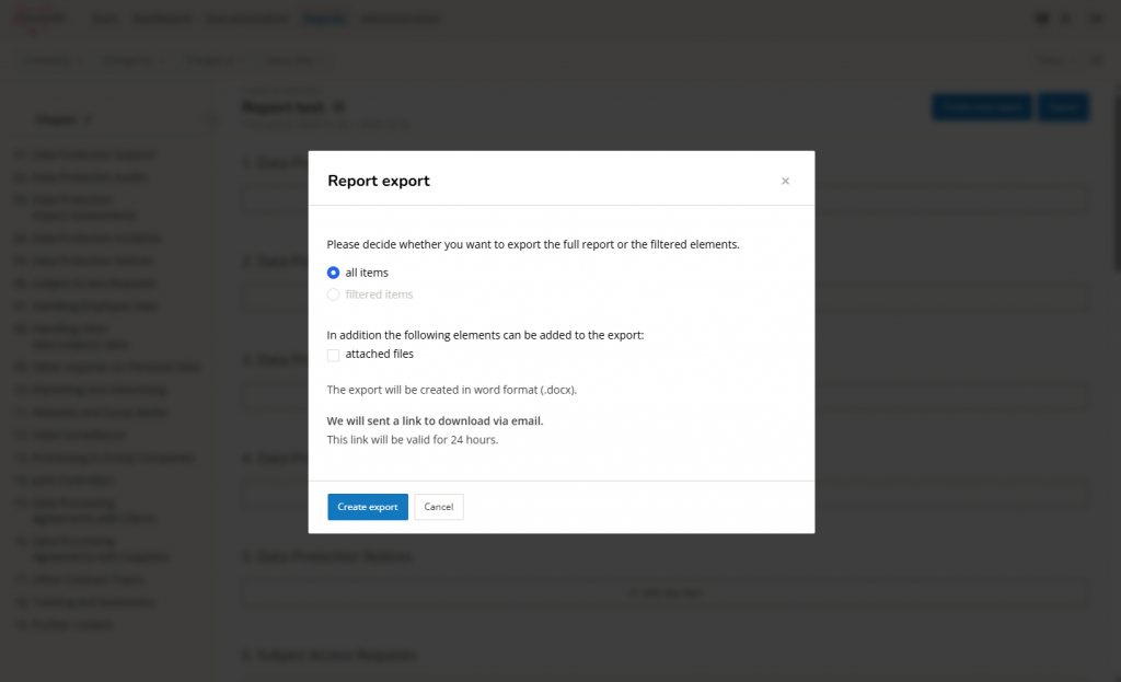 Screenshot Report Area - Export Report