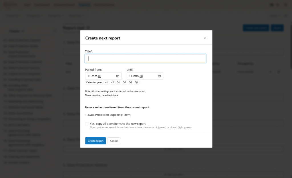 Screenshot Report Area - create next report