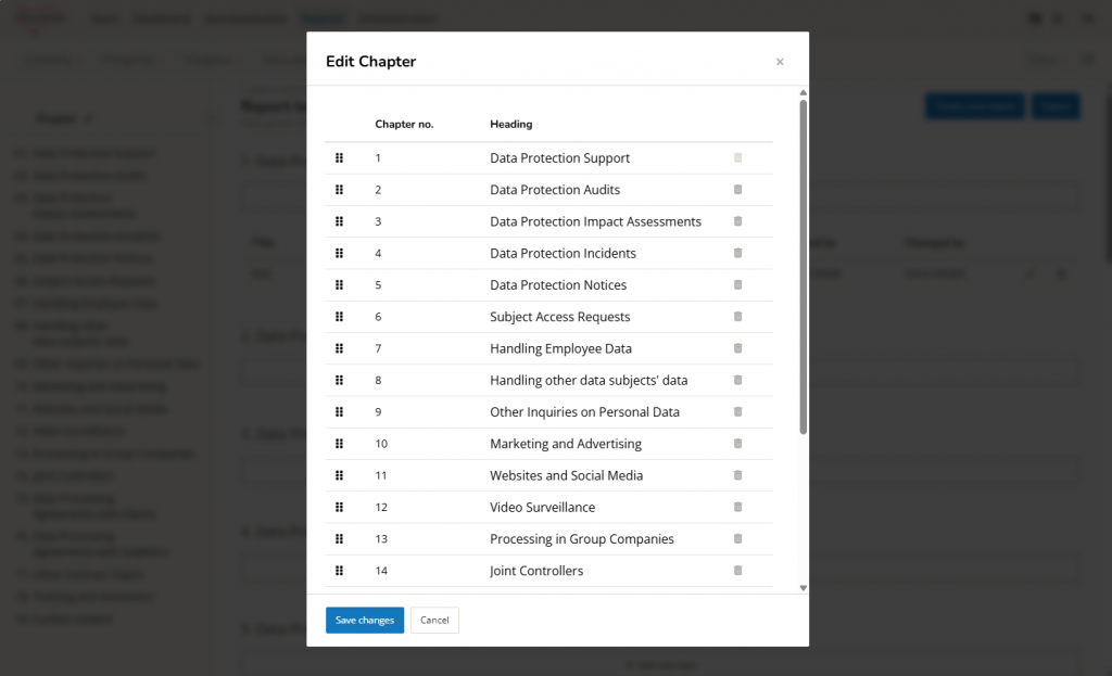 Screenshot Report Area - edit chapter structure