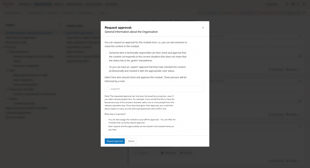 Screenshot of the function "Request approval"
