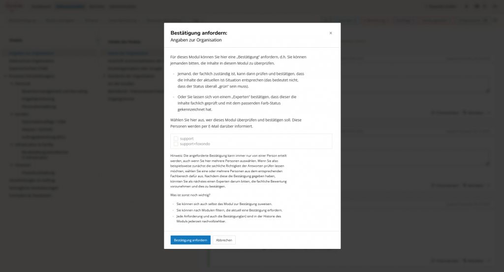 Screenshot der Funktion "Modul Bestätigung"