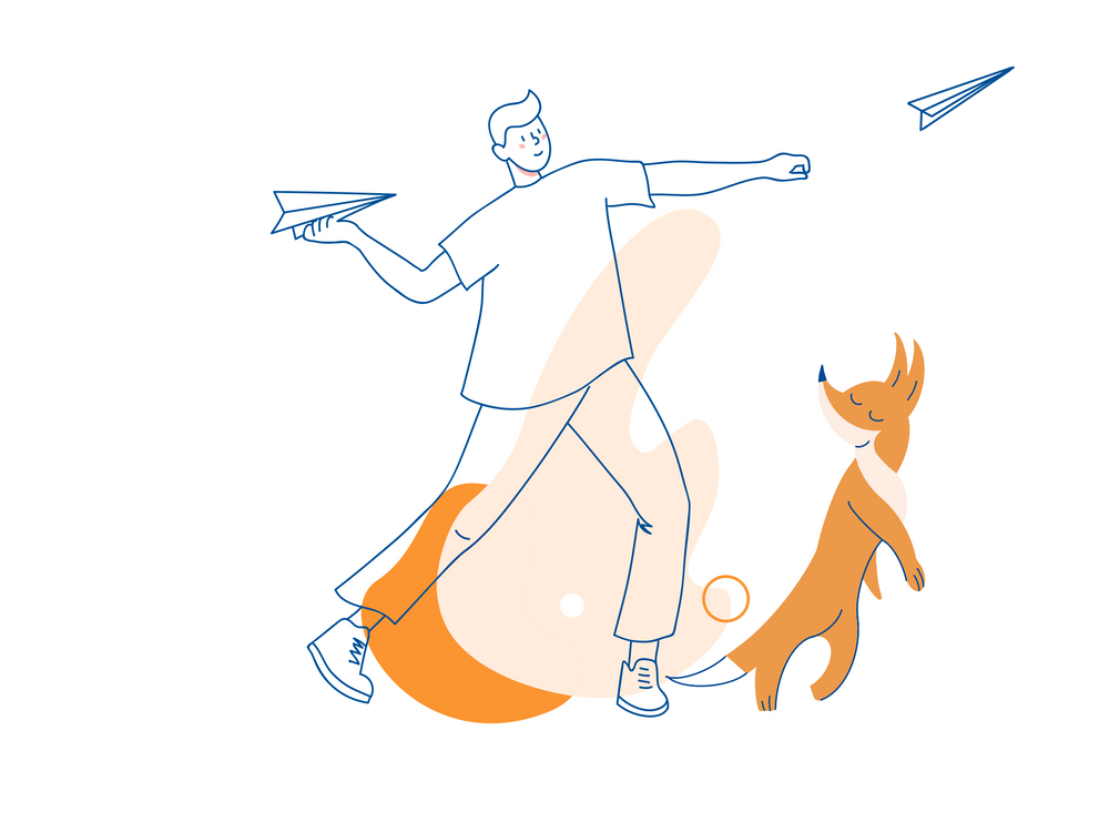 Mann spielt mit MrFOX und wirft Papierflieger - Nachricht senden (Angebot/offer)