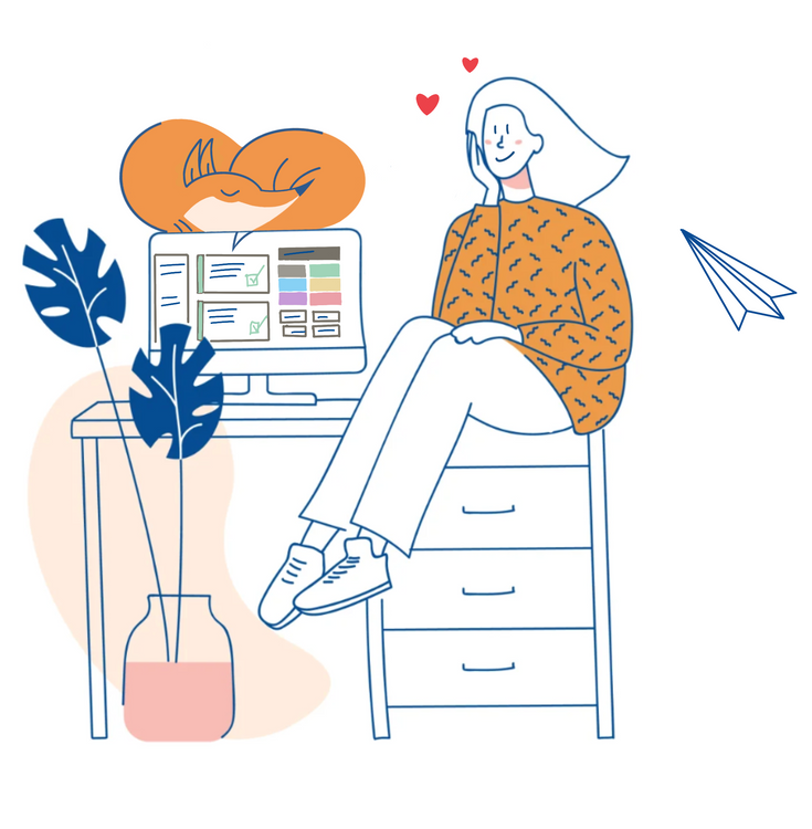 Frau sitzt am Schreibtisch und schaut sich die schöne Datenschutz-Dokumentation auf dem Computer an. MrFOX chillt daneben. Begeistert von den ganzen Funktionen/Features.